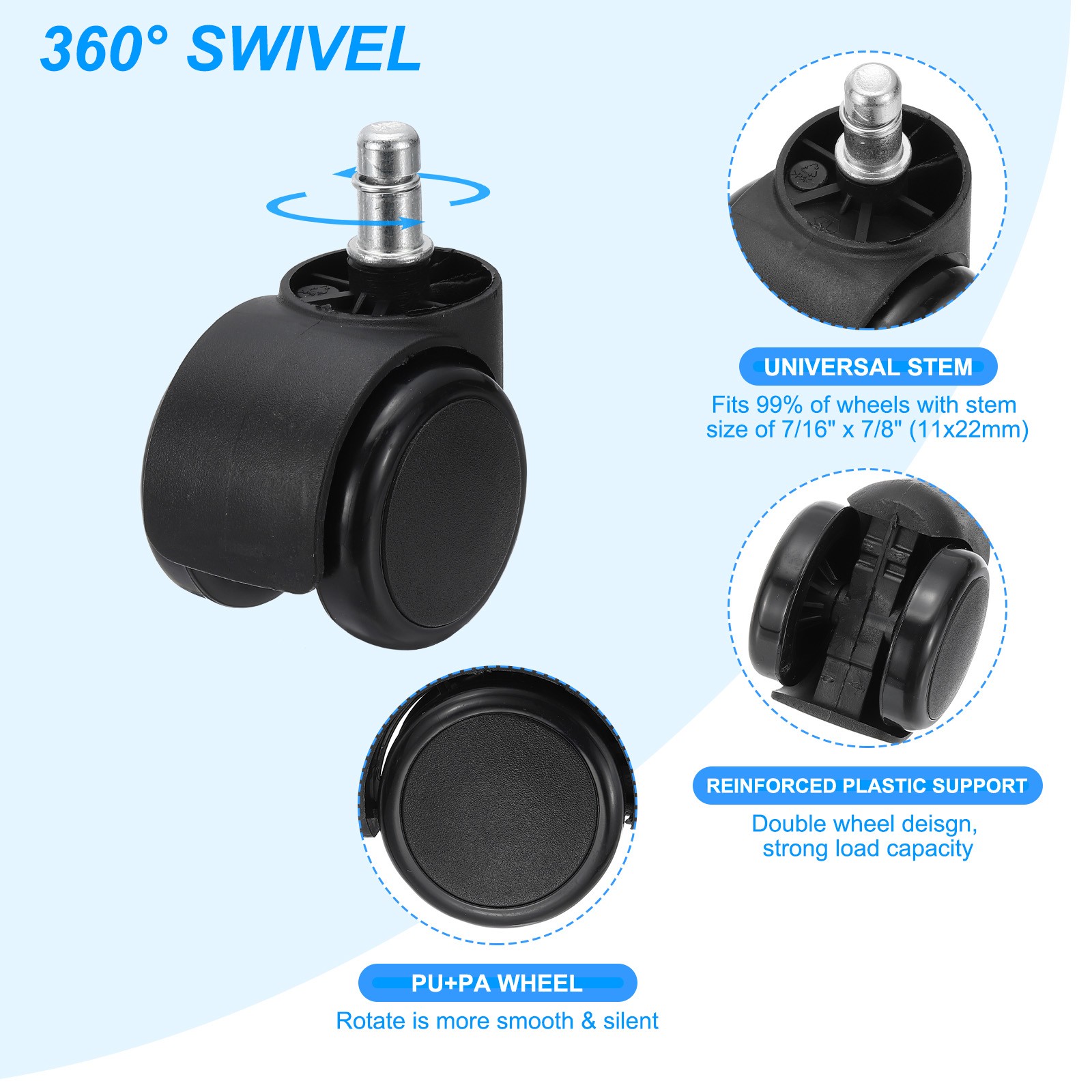 2 Inch Gaming Chair Wheels Replacement Quite Swivel Stem Caster Black