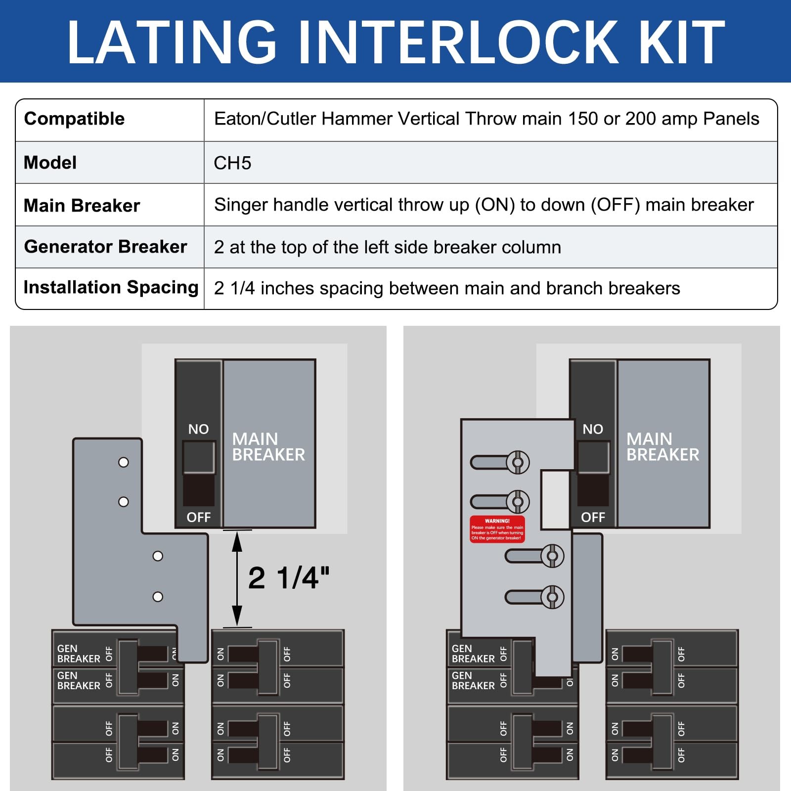 Generator Interlock for Eaton/Cutler Hammer Vertical Throw 150 or 200 amp Pan…