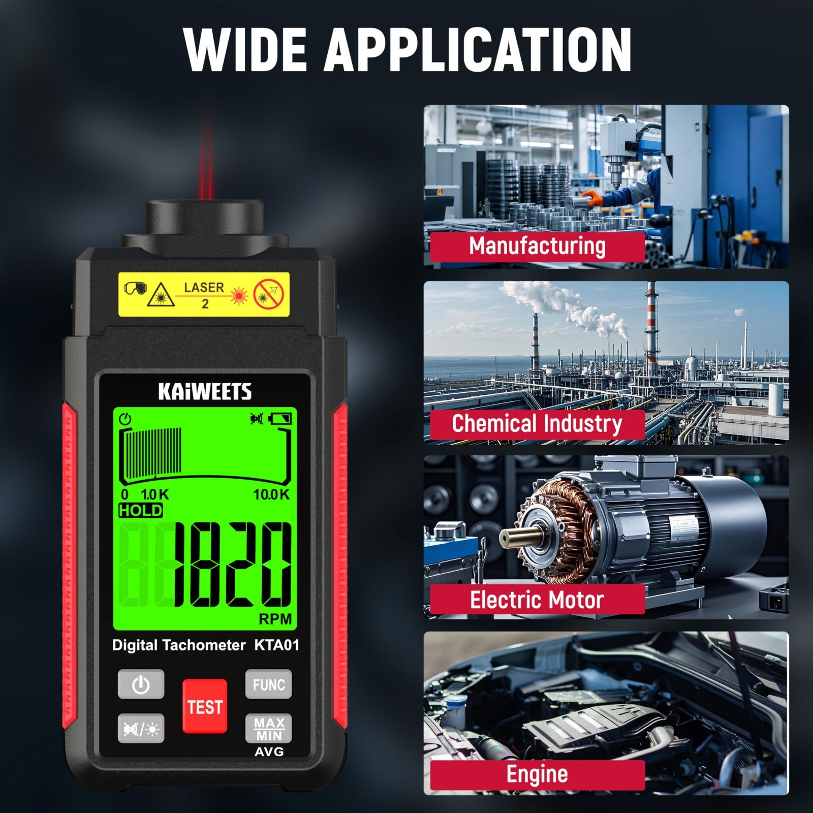 High Accuracy Non-Contact Laser RPM Tachometer, LCD Backlight, Data Hold, 10-999