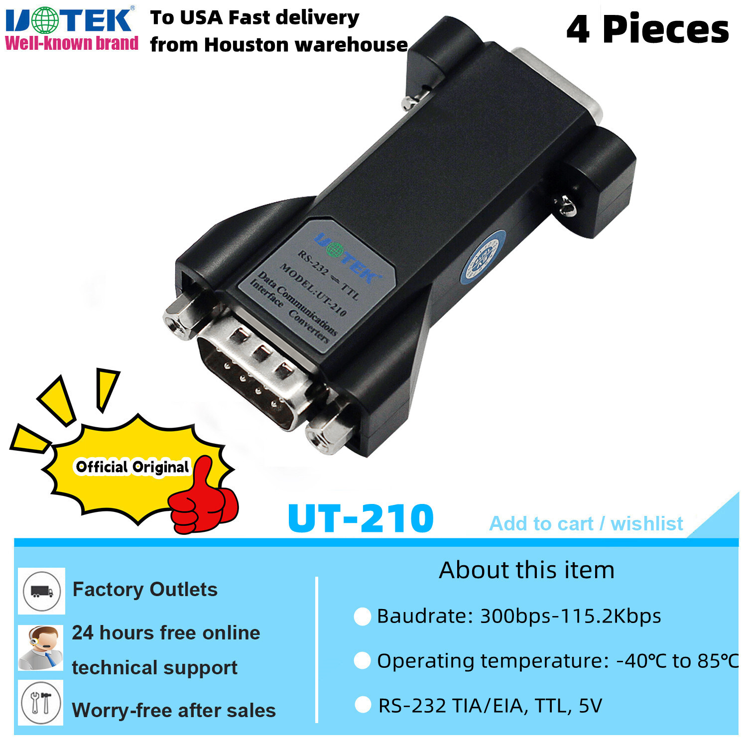 4pcs RS232 to TTL Converter Serial Port RS-232 Adapter DB9 Connector Output 5V
