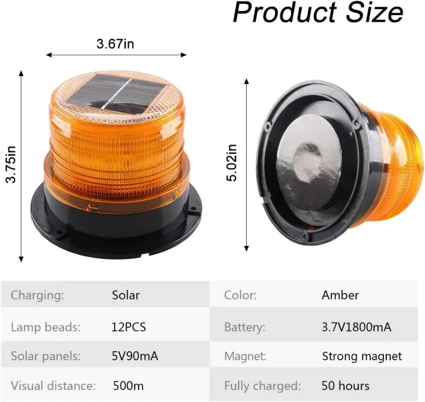 Solar Magnetic Battery Powered 18 LED Amber Warning Lights Strobe Beacon Light