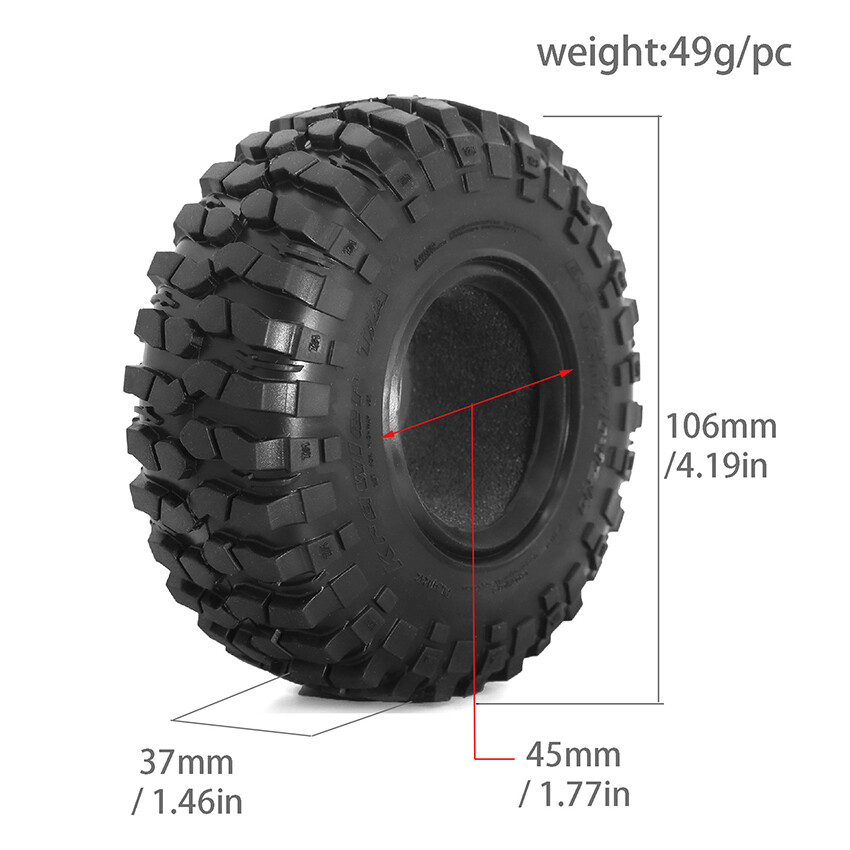 1.9” Universal Crawler Tire 106MM Rock TerrainTire for 1/10 Model Cars