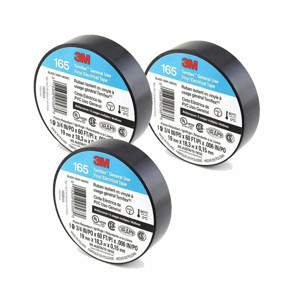 3M Temflex Vinyl Electrical Tape 165 Multi-purpose 3/4″ X 60FT Black (3 Pack)