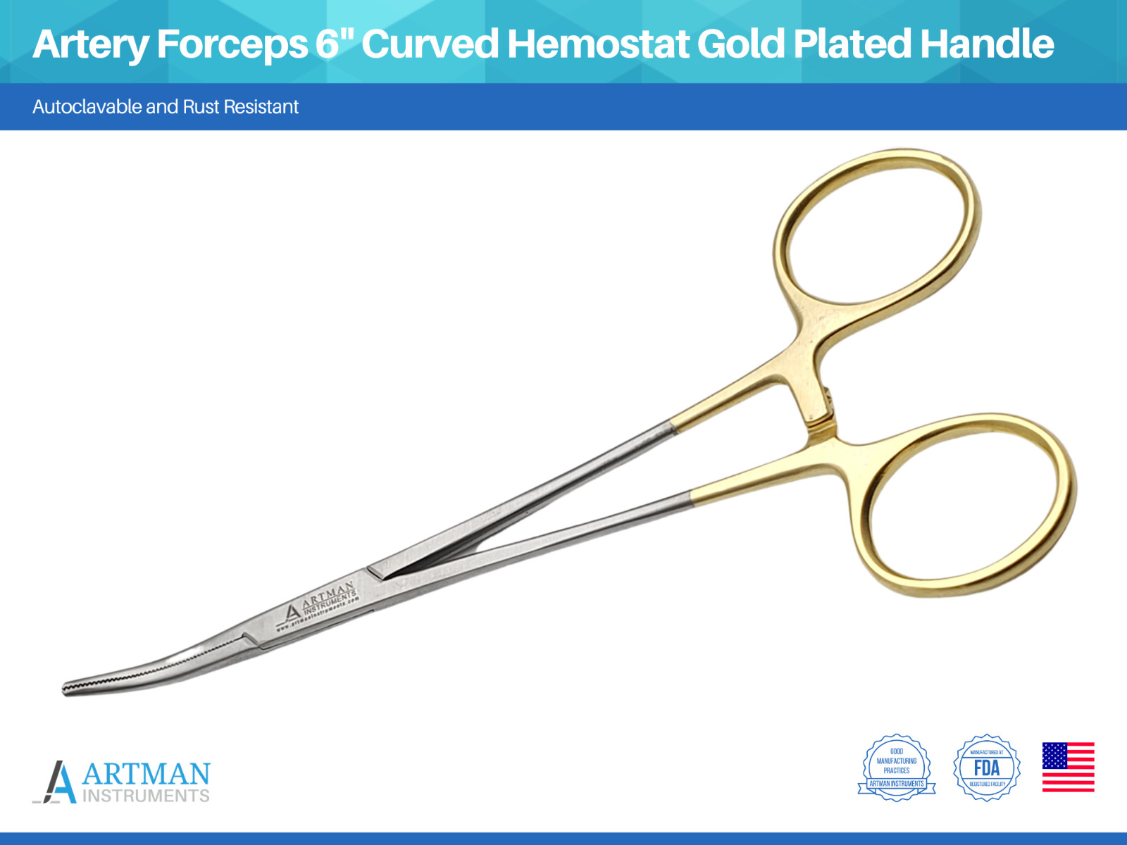 Artery Forceps 6″ Curved Hemostat Mosquitoes Gold Plated Handle ARTMAN