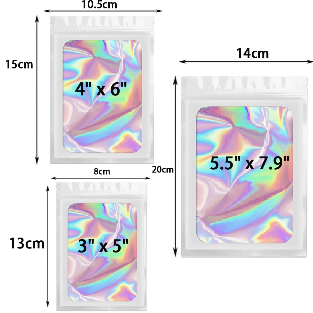 100 Holographic Mylar Foil Bags Smell Proof Resealable Zip Seal Pouches Gradient