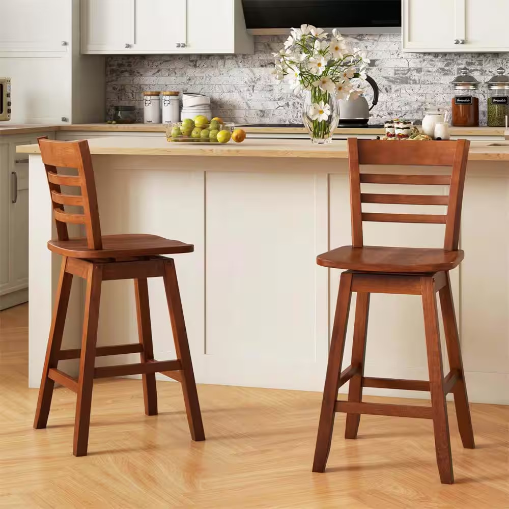 24.5 In. Brown Wood Swivel Bar Stools with Hollow Backrest (Set of 2)