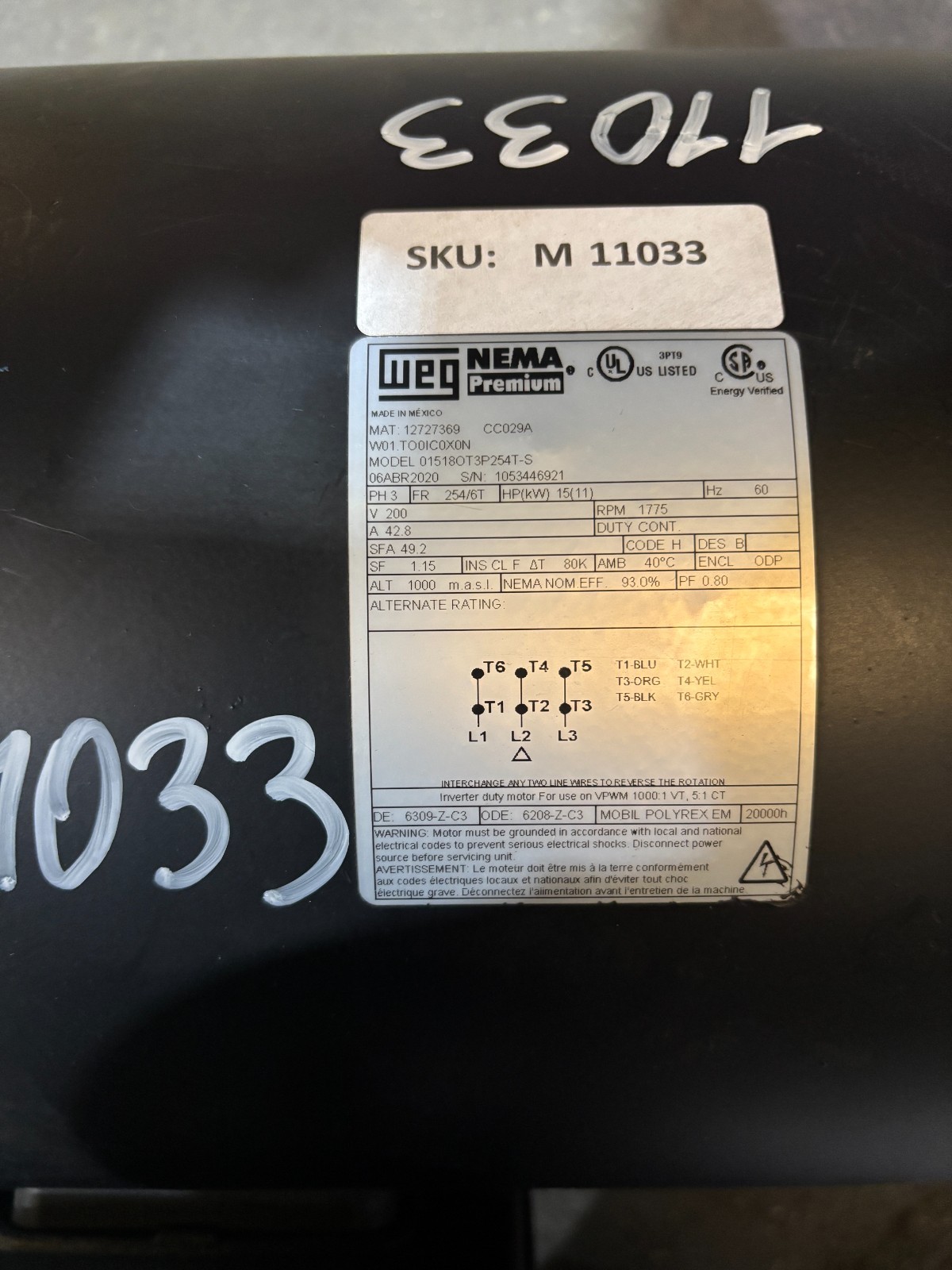 WEG / 01518OT3P254T-S / HP 15.0 / 200V / PH 3 / 254/6T / Electric Motor