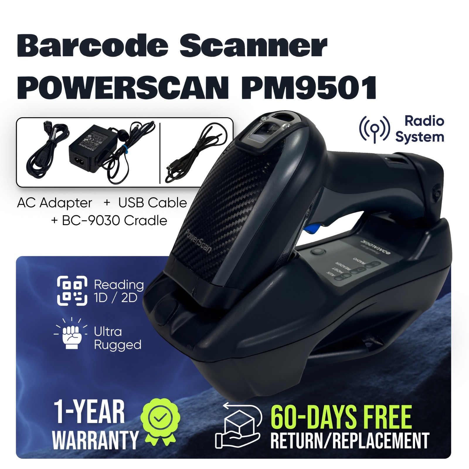 Datalogic POWERSCAN PM9501 Retail Barcode Scanner w/Base & Kit 1 YEAR WARRANTY!