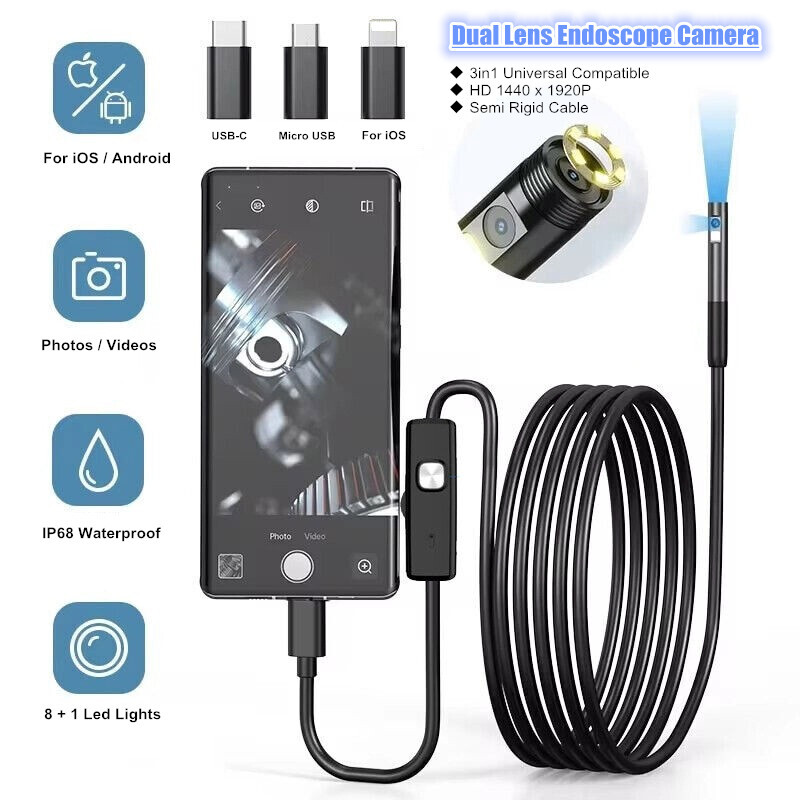 Dual Lens Endoscope Inspection Snake Camera for iPhone iPad Android Cellphone US