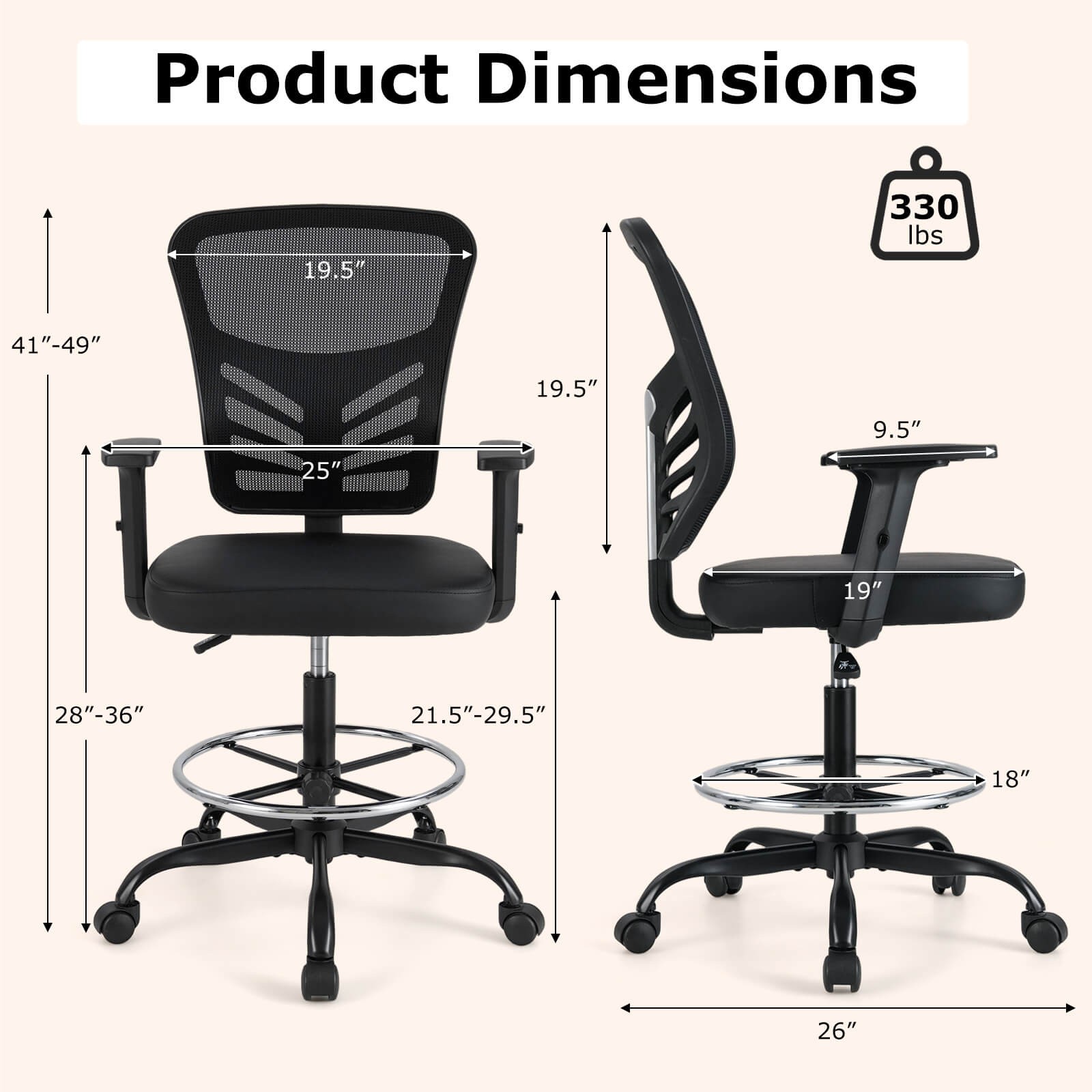 Costway Mesh Drafting Chair Office Chair w/Adjustable Armrests & Foot-Ring Black