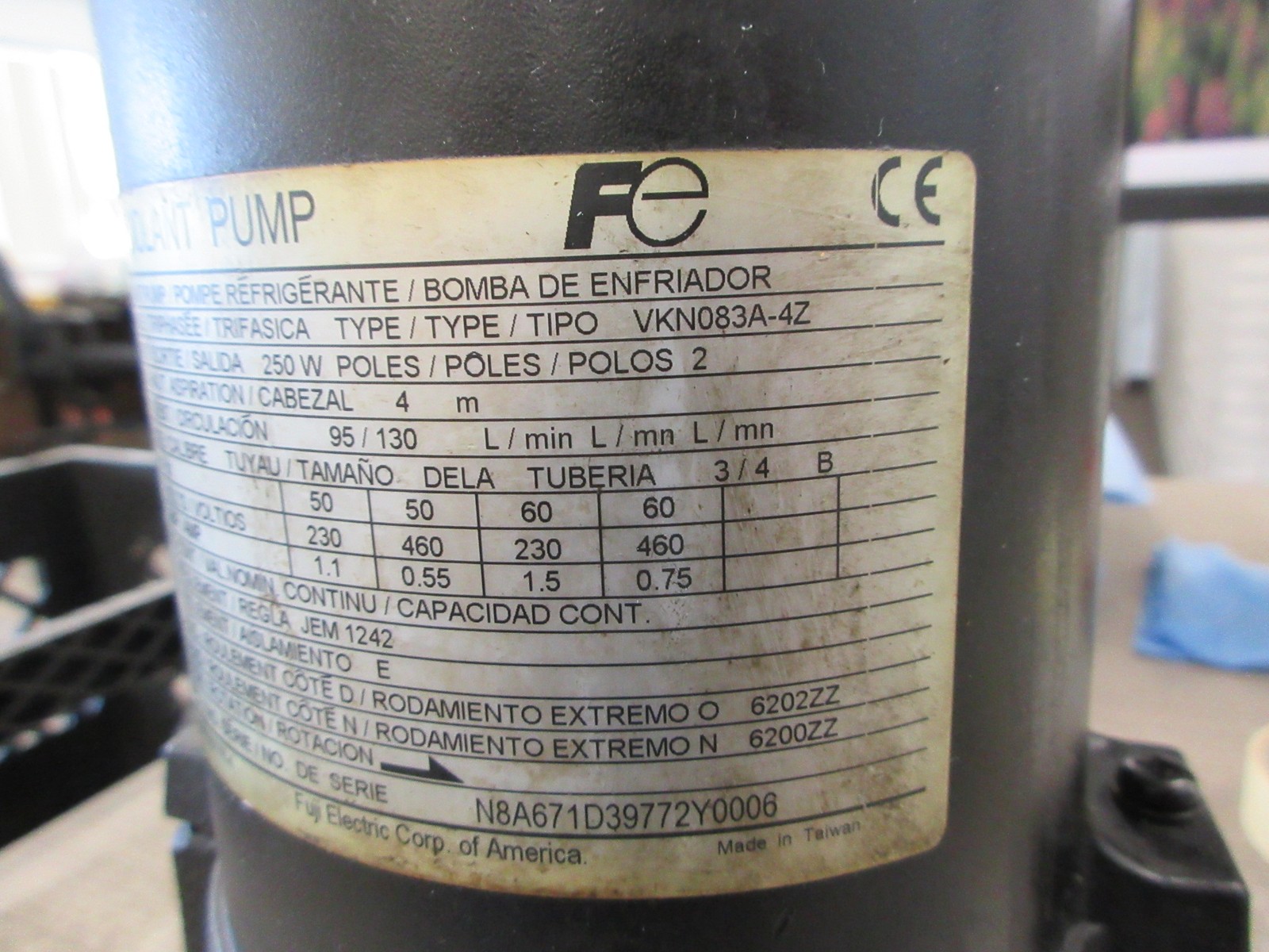 Fuji Electric Coolant Pump VKN083A-4Z 250W 230/460V 2P 4m Head 95/130 L/Min Used