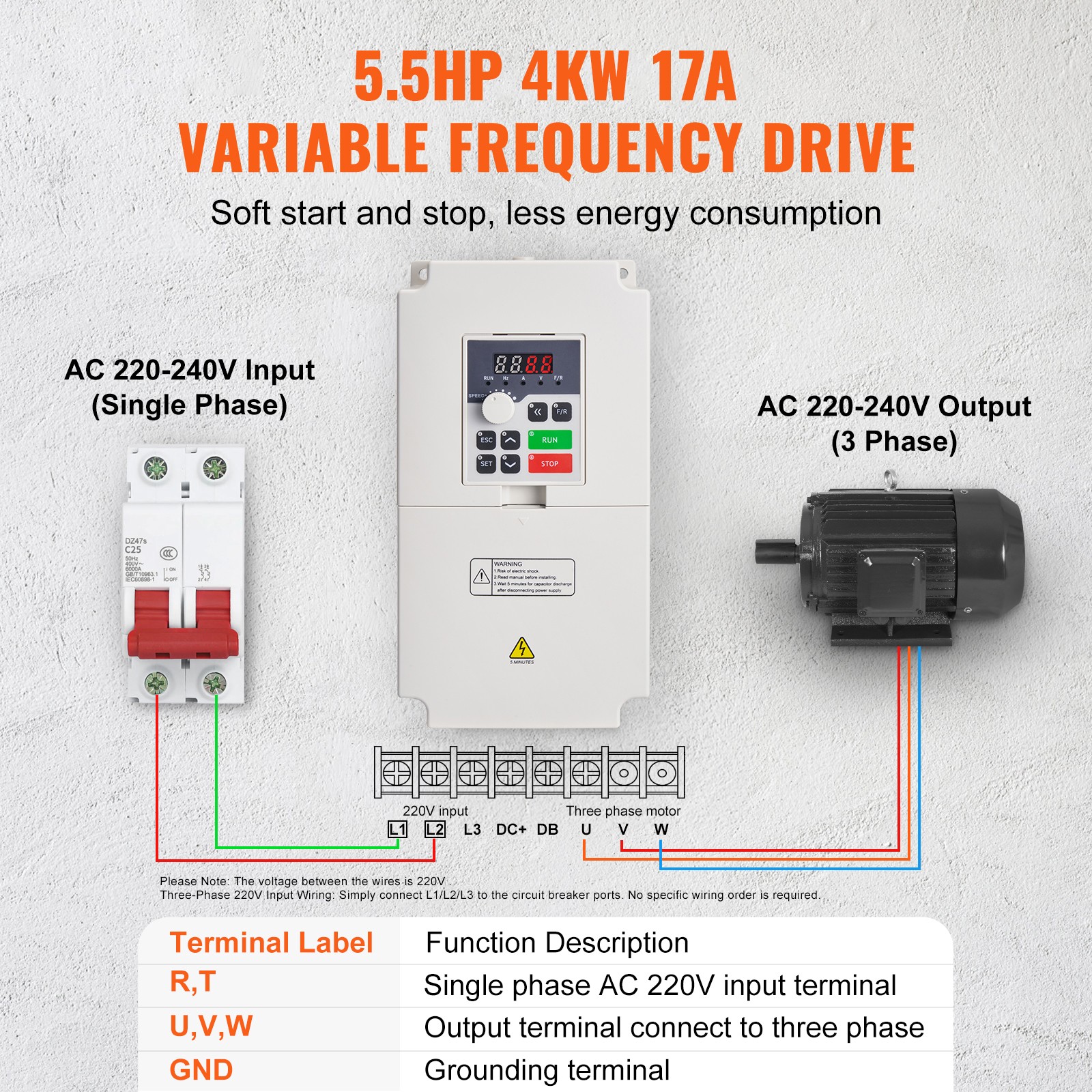 VEVOR 4KW Variable Frequency Drive VFD 220V RS485 5HP Motor Inverter Converter