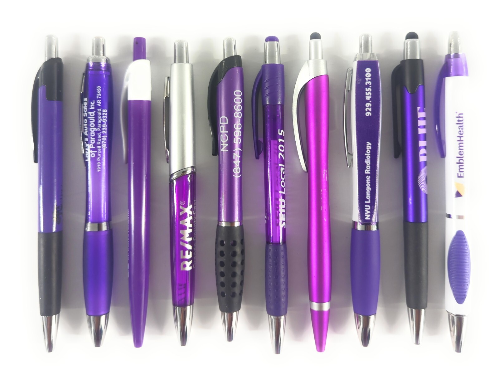 10ct Mixed Lot Misprint Retractable Click Pens: PURPLE/ VIOLET/ LAVENDER/ PLUM