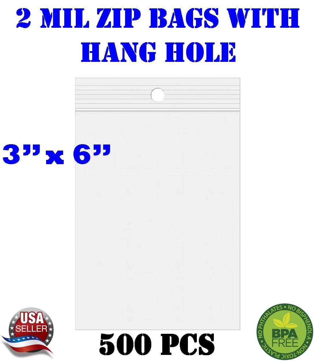 500 – 3″ x 6″ Zip Seal Reclosable 2Mil Plastic Top Lock Bags Hang Hole Jewelry