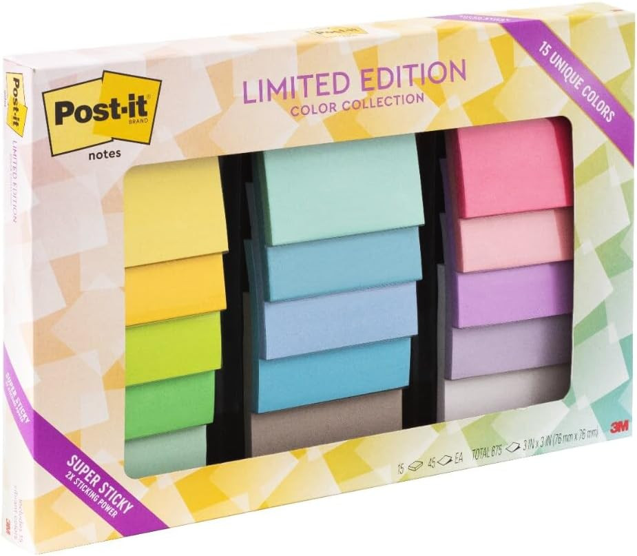 Post-it Super Sticky Notes 3×3 Assorted Bright Colors 15 Pads 675 Sheets Pack