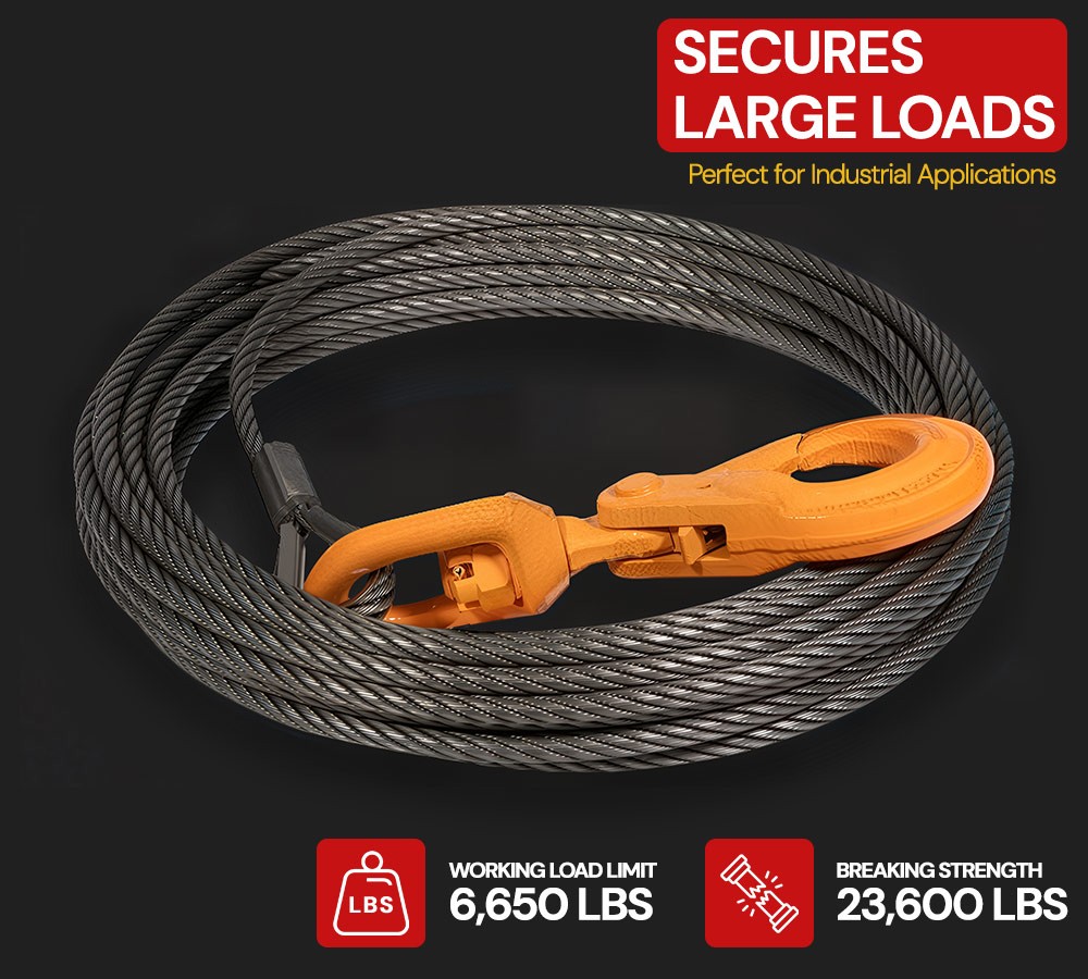 1/2″ x 75′-150′ Wire Rope Steel Winch Cable with Locking Swivel Hook