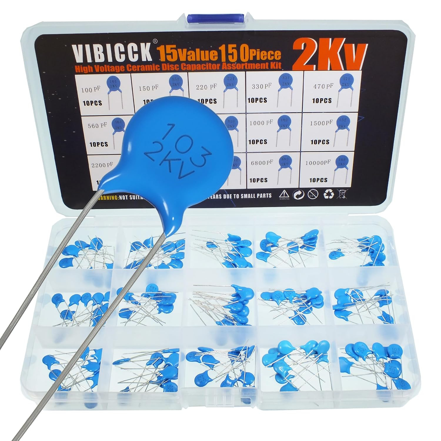 150 Pcs 15Values High Voltage Ceramic Disc Capacitor Assortment 2KV 0.1nF~22nF