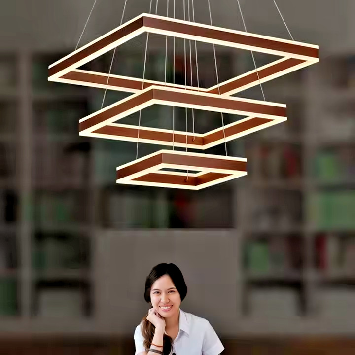New Modern 3-Ring Square LED Chandelier Dimmable Ceiling Light Remote 2700–6500K