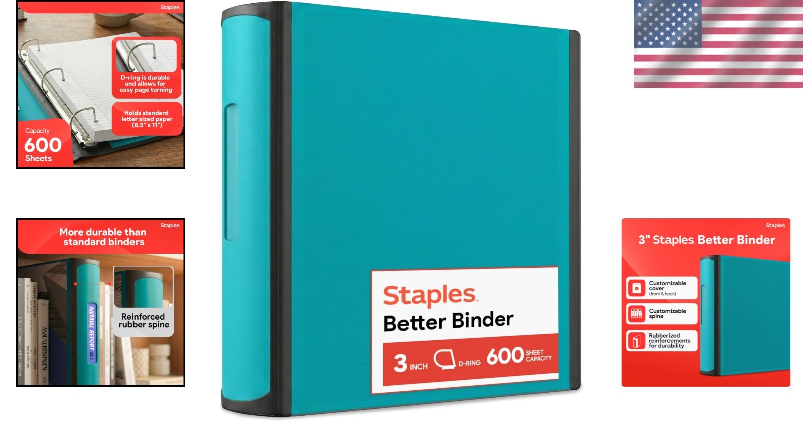Heavy-Duty 3-Inch D-Ring Binder, Teal – Large Capacity 3-Ring Binder with Poc…