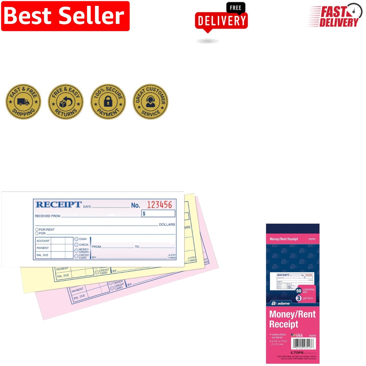 3-Part Money/Rent Receipt Book – Quality, 2-3/4 x 7-3/16 Inches, 50 Sets