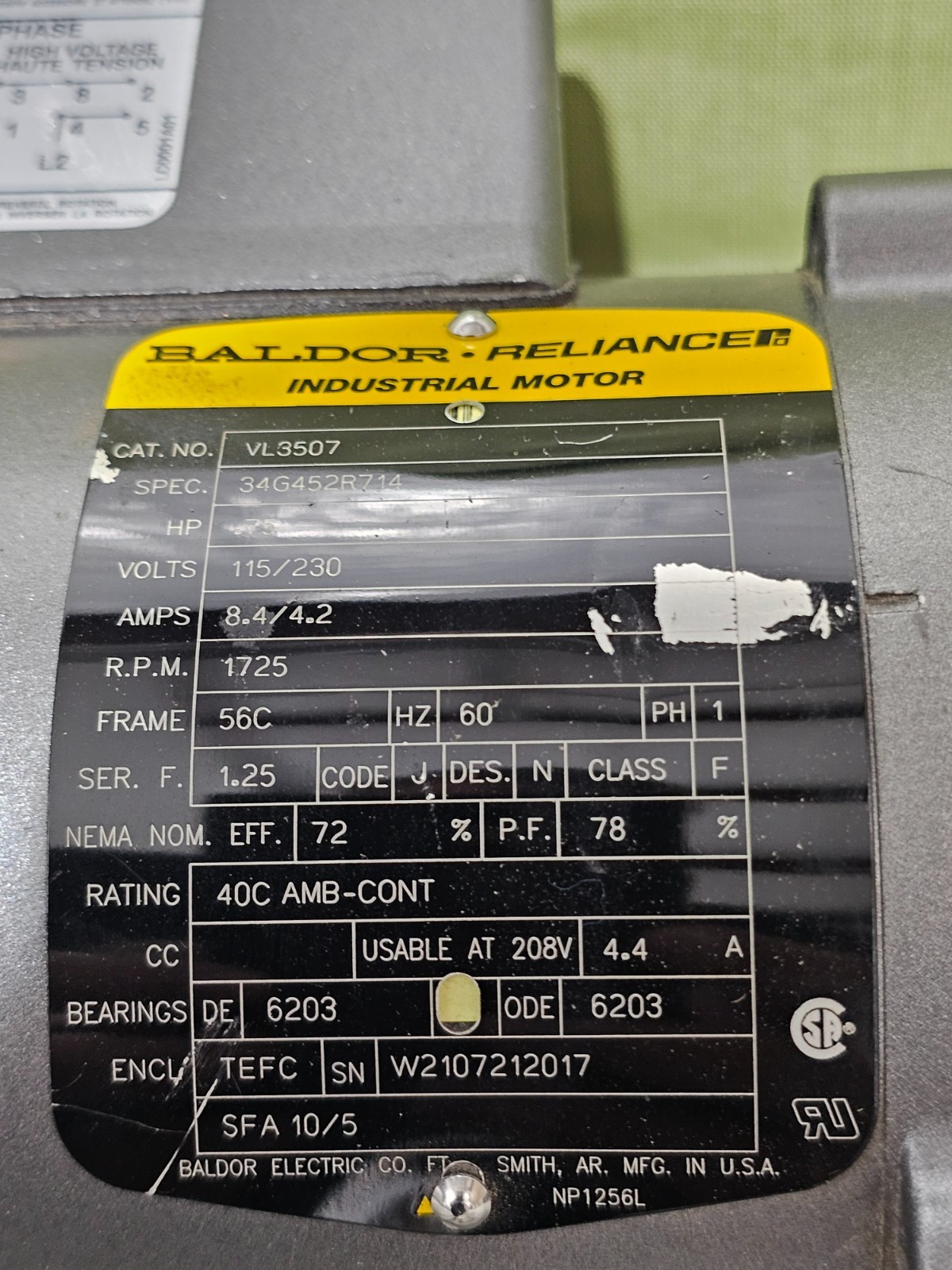 Baldor Reliance VL3507 Industrial Motor 56c 1ph 3/4hp 1725rpm 115/230v-ac