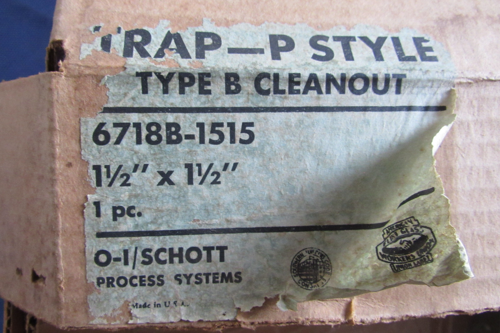 NOS O-I/Schott Kimax 6718-B-1515 Trap P-Style B Cleanout 1-1/2″ Drainline Glass