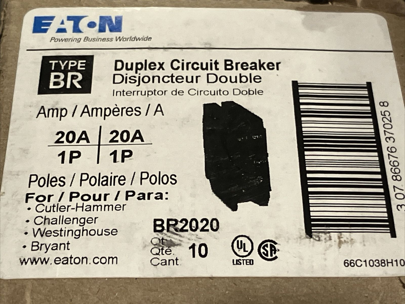Cutler Hammer BR2020 1 Pole Twin 20 A 120V Plug In Type BRD-DNPL Breaker non-CTL