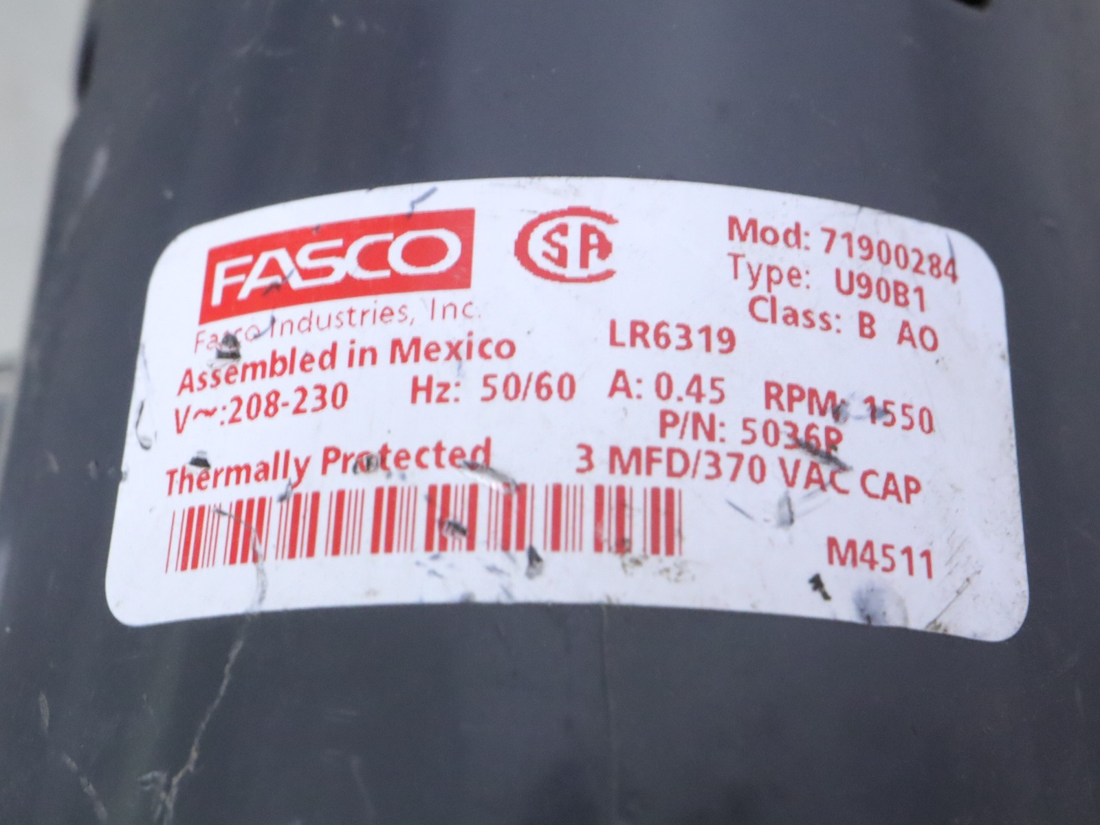 FASCO 5036P Refrigeration Fan Motor 71900284 1550RPM 208/230V 0.45A U90B1