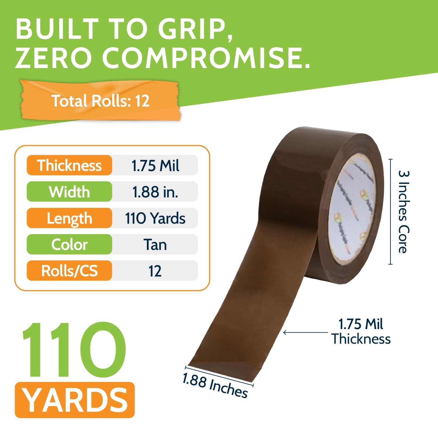 12 RLS Brown Carton Sealing Packing Tape 2″x110 Yards 1.75Mil Tan Packing Tape