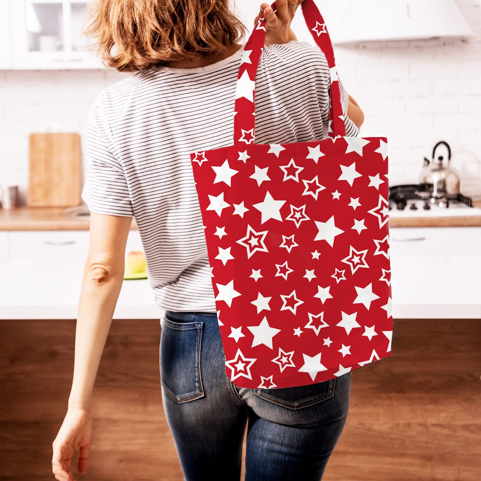 3Pcs Patriotic Canvas Tote Bags Red Blue Star American Flag Grocery Shopping Bag