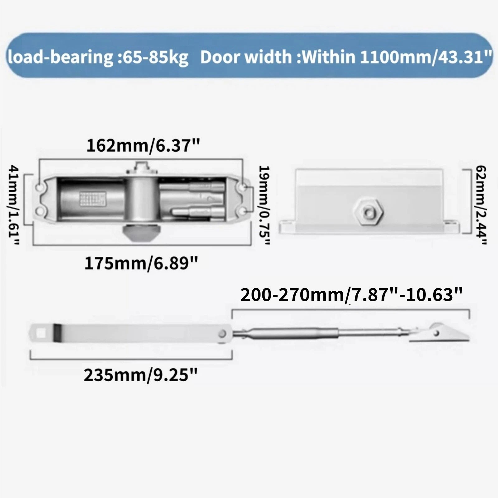 2 Pack 65-85 Kgs Size4 Commercial Door Closer Silver Aluminium Alloy Heavy Duty