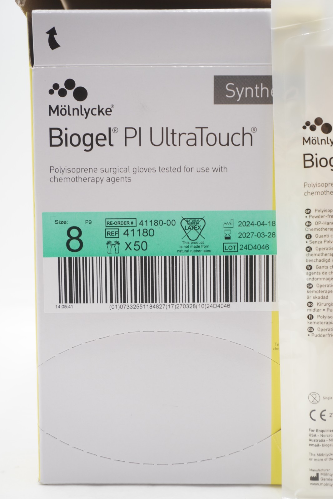 Molnlycke 41180 Biogel PI Ultratouch Gloves Box/50 EXP 03/2027 Size 8