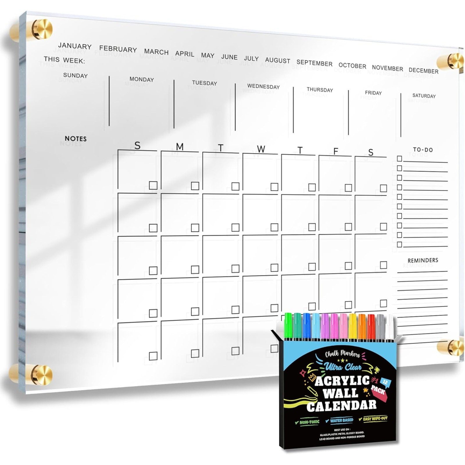 36″ x 24″ MONTH Calendar w Notes Dry-Erase Board Wall-Mount with Markers