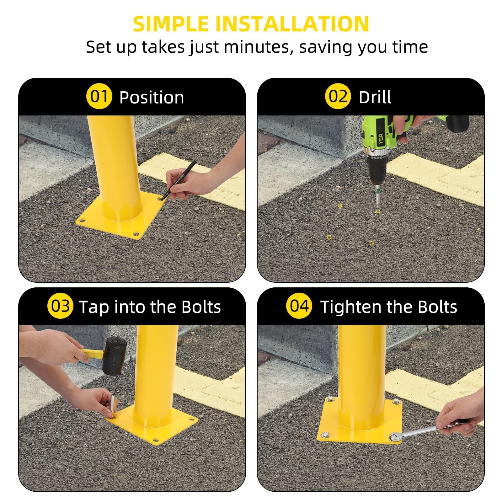 4Pack Steel Safety Bollard 48 Inch Height Bollard Post 4.5 Inch Diameter Yellow