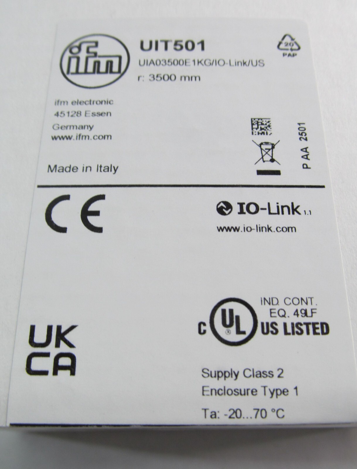 IFM UIT501 UIA03500E1KG/IO-LINK/US ULTRASONIC REFLEX/ DIFFUSE REFLECION SENSOR