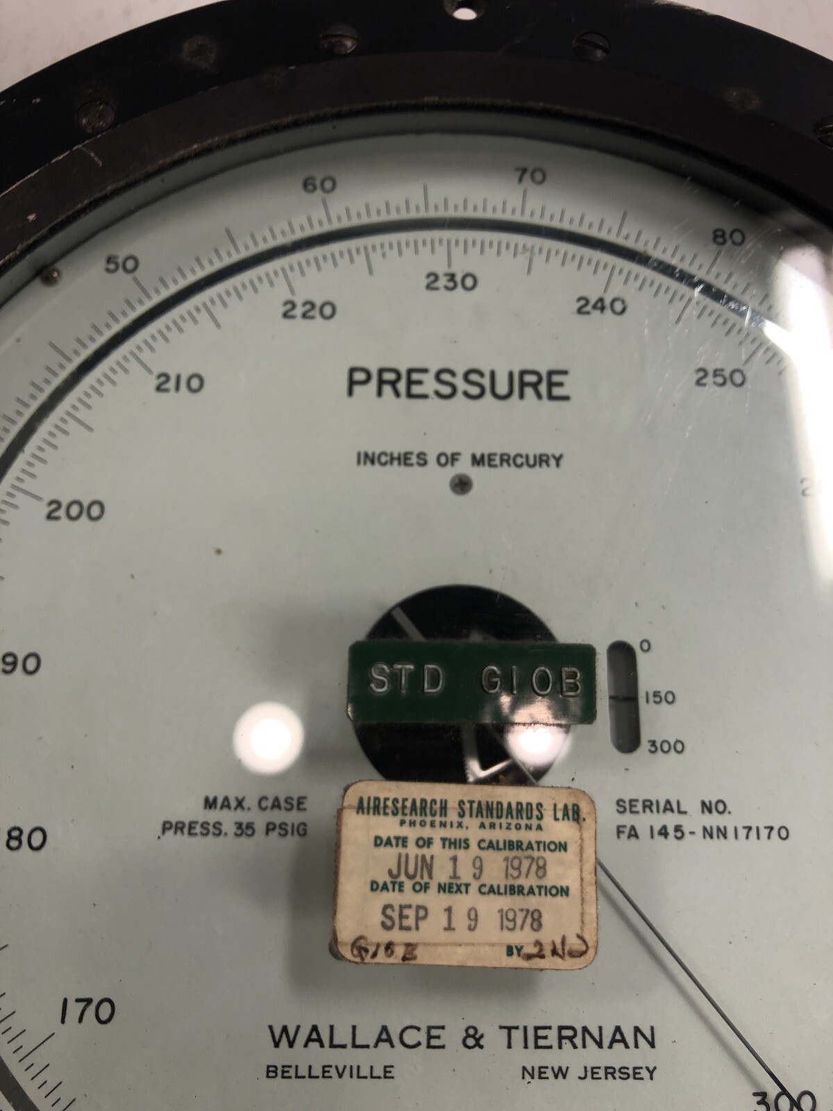 Wallace and Tiernan # FA145 inches of mercury pressure gauge 0-300
