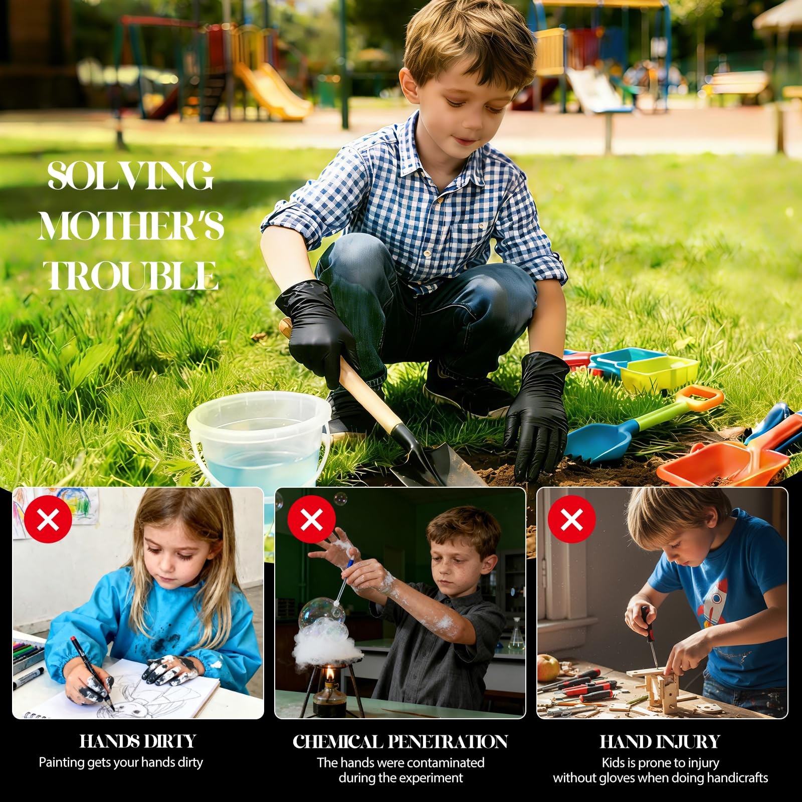 Xandoval Kids Nitrile Gloves for 6-10 Years, 5Mil Black Small, of 50pcs
