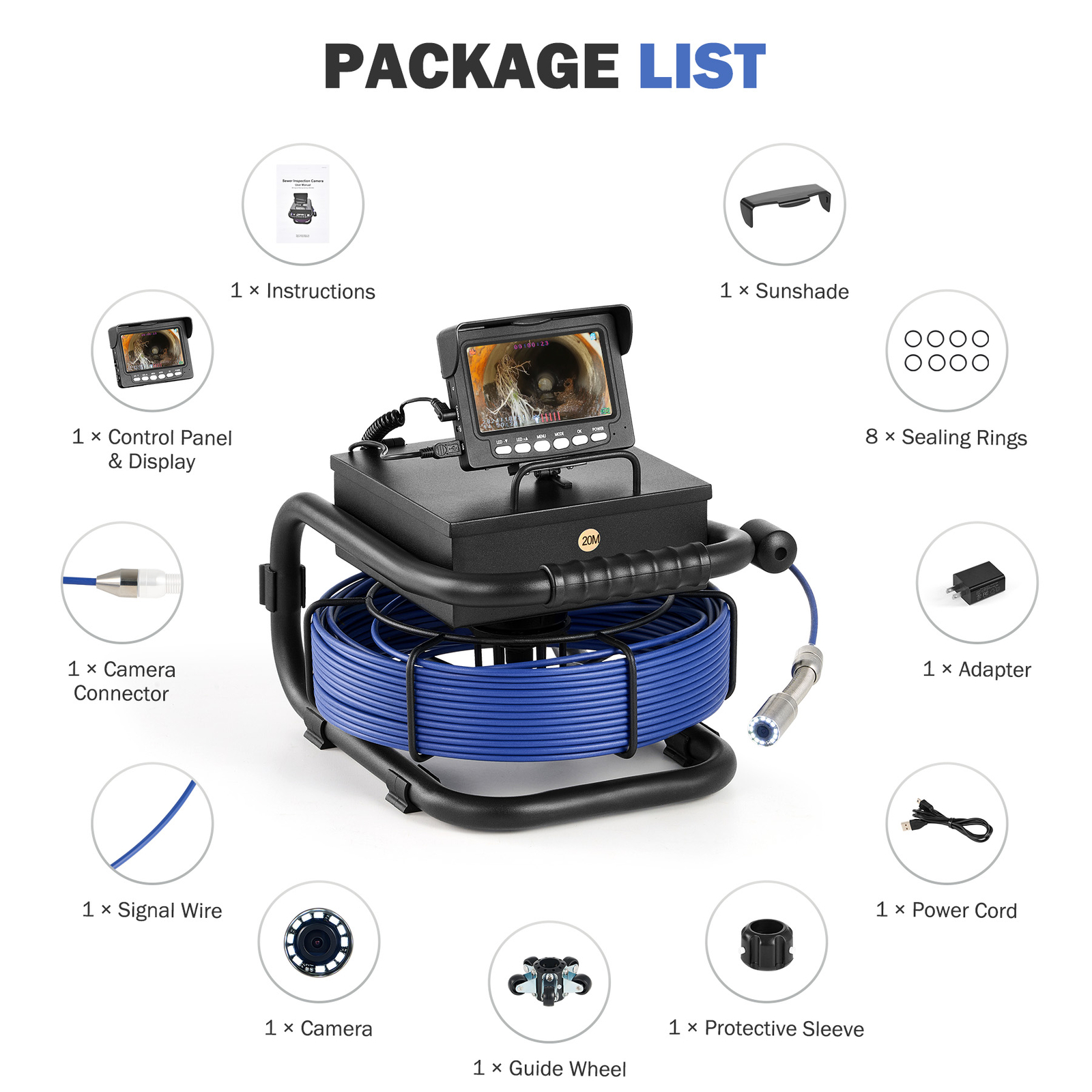 4.3 in. Sewer Inspection Camera w 66ft/20m Cable Rechargeable Battery for Pipe