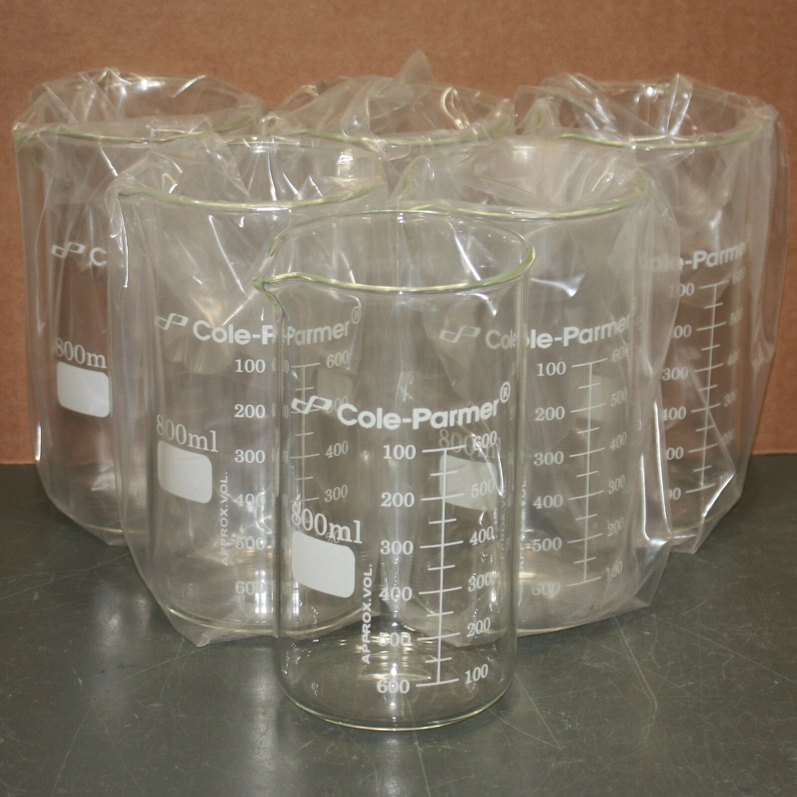 (6) Cole Parmer Tall Glass Berzelius Beakers 34500-09, 800 ml, Borosilicate