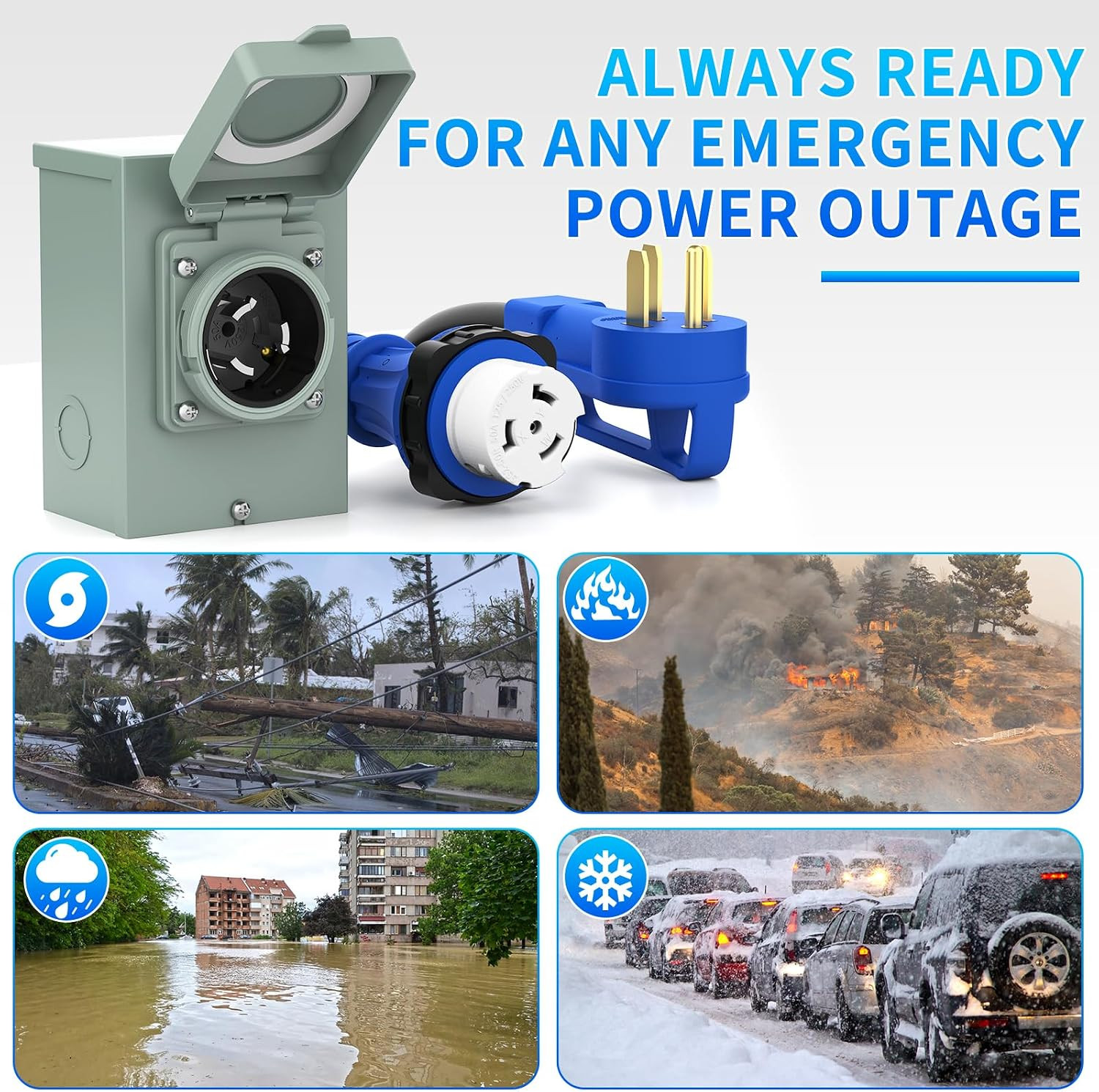 50 Amp Power Inlet Box and 15FT Generator Cord, 125V/250V Emergency Power Combo