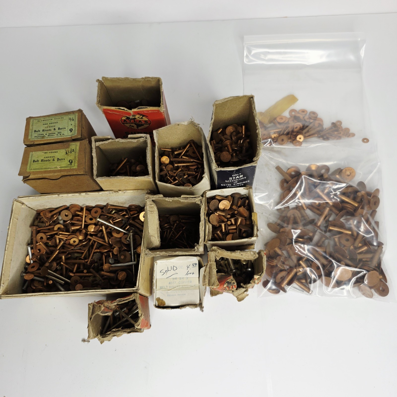 9 Pounds Vintage Copper Steel Belt Fasteners Tubular Rivets Burrs Boxes Lot Bulk