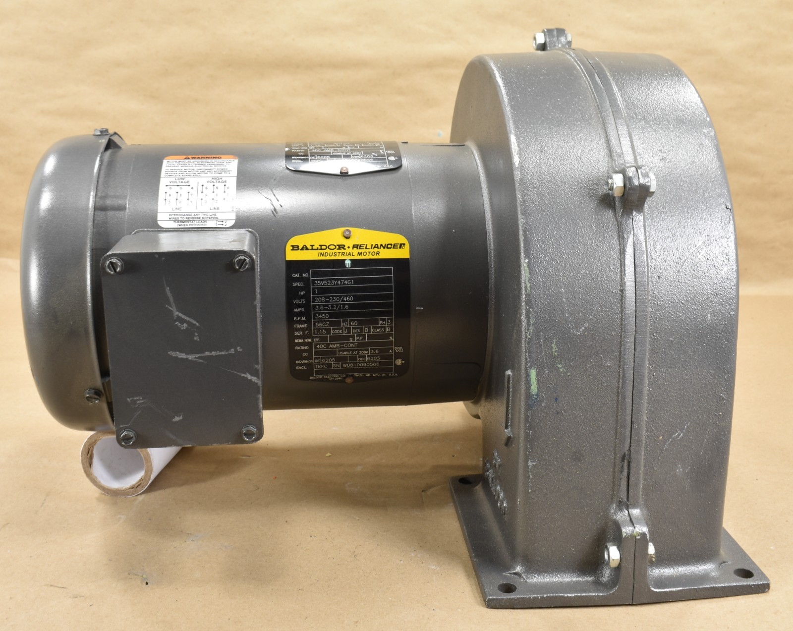 Baldor Reliance 35V523Y474G1, 1 HP Induction Motor w/ Blower, 208-230V, 3 Phase