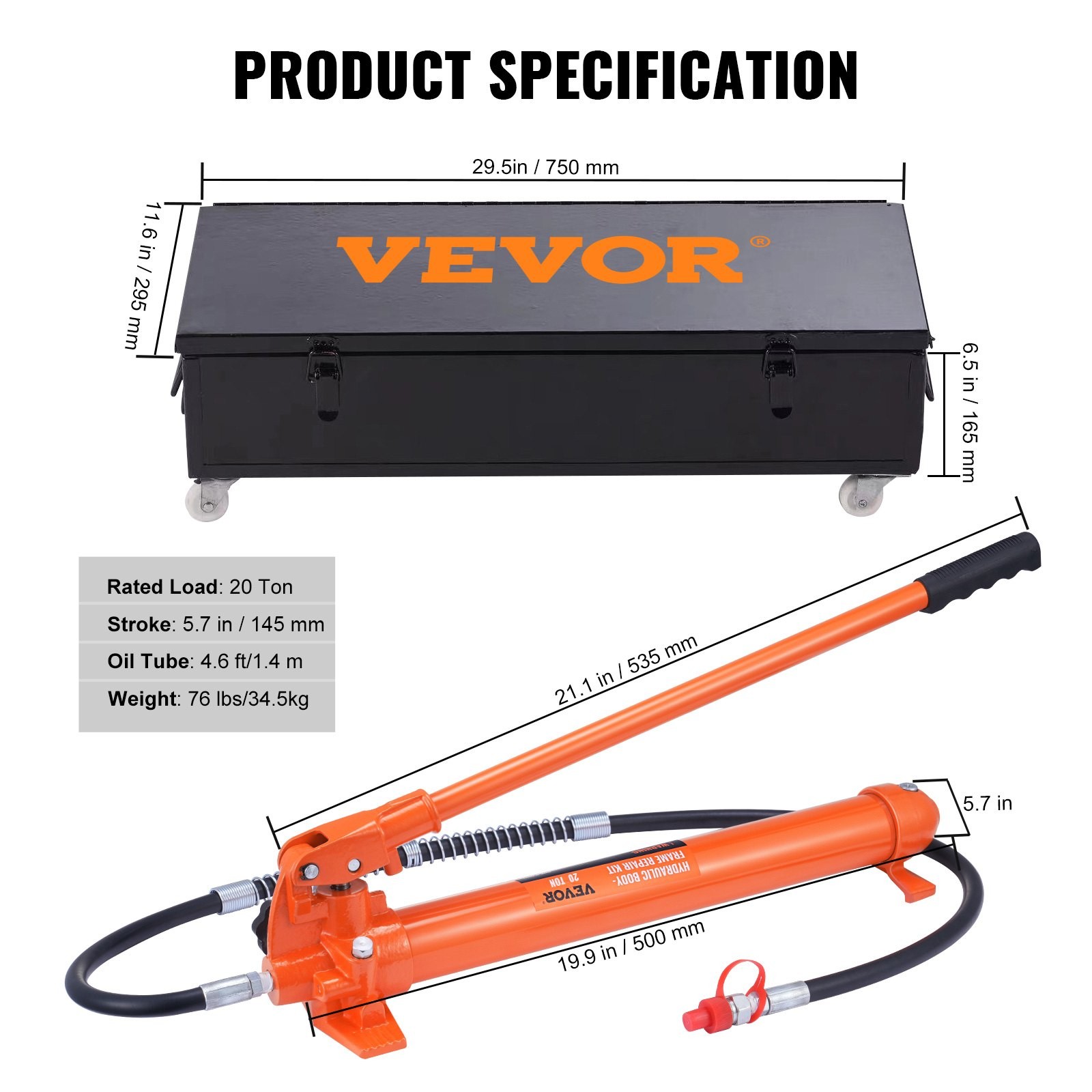 20 Ton Porta Power Kit, Portable Hydraulic Jack with 4.6 ft/1.4 m Oil Hose