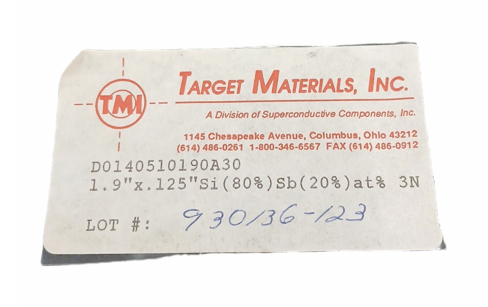 Silicon Antimony Si/Sb 80/20 Sputtering Target 1.9in x .125in Copper Back