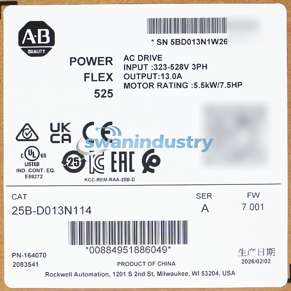 2025-2026 New AB 25B-D013N114 Allen-Bradley PowerFlex 525 5.5kW 7.5Hp AC Drive