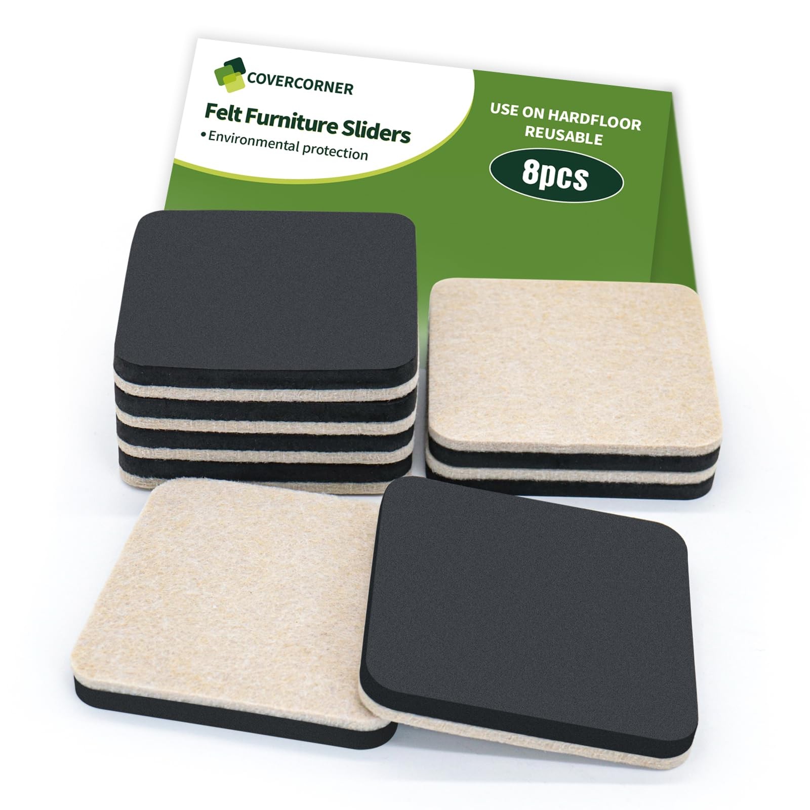 COVERCORNER Felt Furniture Sliders for 8 PCS 3 1/2» Beige, Beige+black