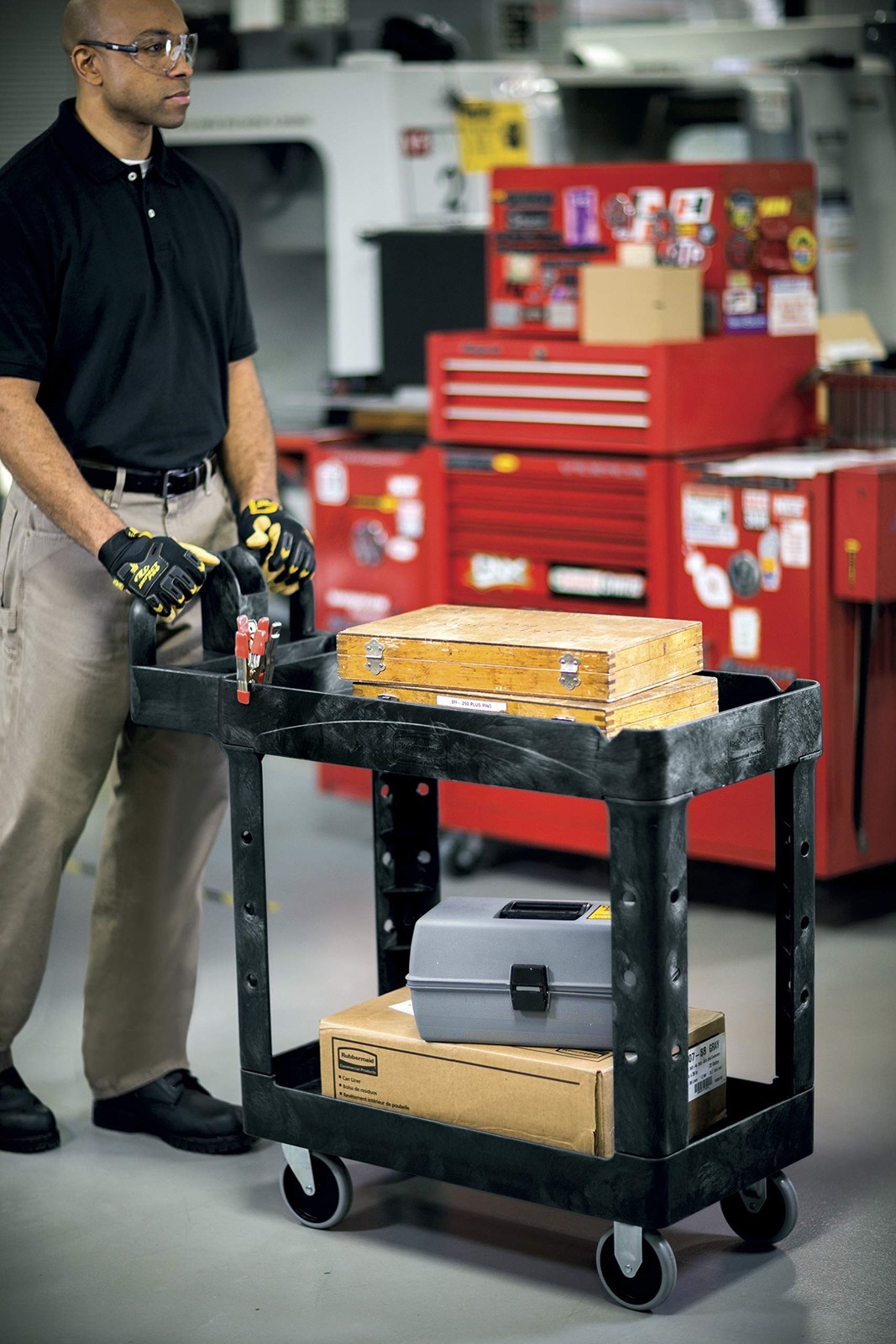 Rubbermaid Heavy-Duty 2-Shelf Utility Cart TPR Casters 26w x 55d x 33.25h Black