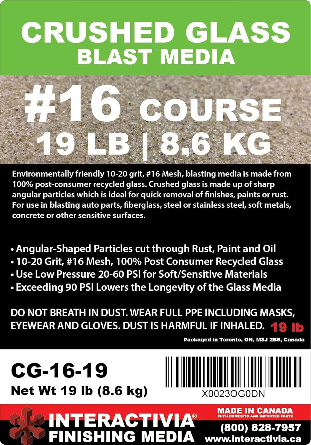10-20 Grit (#16) Crushed Glass Abrasive – 19 lb or 8.6 kg – Blasting…
