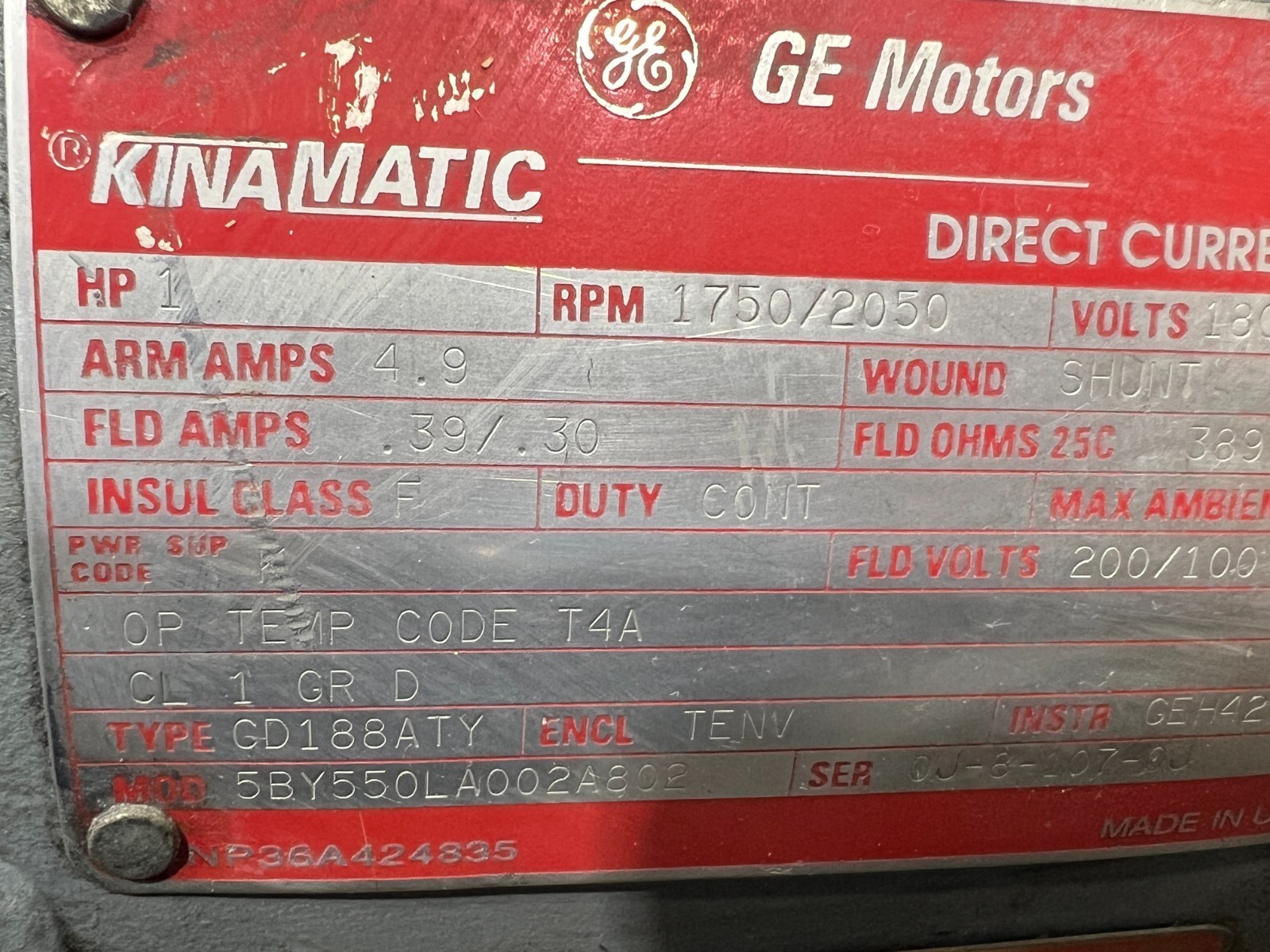 👀GE KINAMATIC GD188ATY 1 HP DIRECT CURRENT 180 VDC MOTOR 5BY550LA002A802