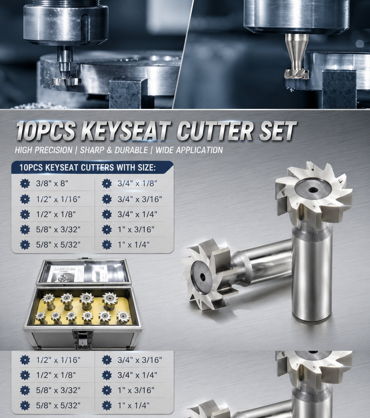 HSS M2 Woodruff Keyseat Milling Cutter Set 1/2″ Shank Metalworking Cutting-10Pcs